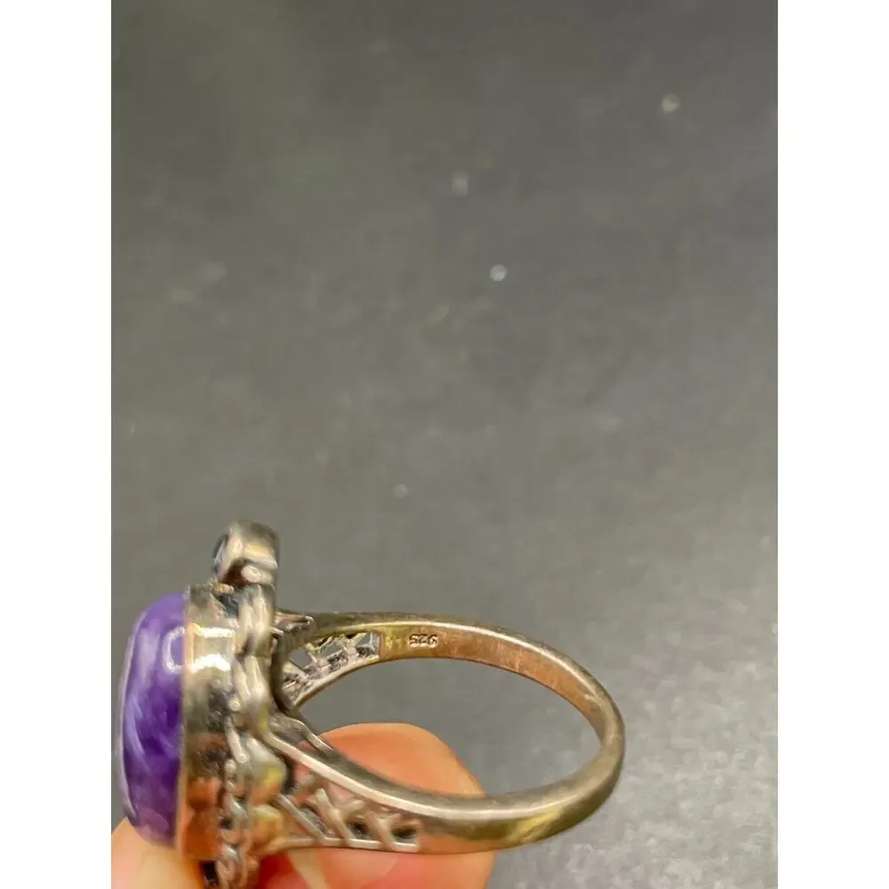 Vintage D'Joy 925 Sterling Silver Charoite Oval Cabochon Ring Filigree Sz 9.75